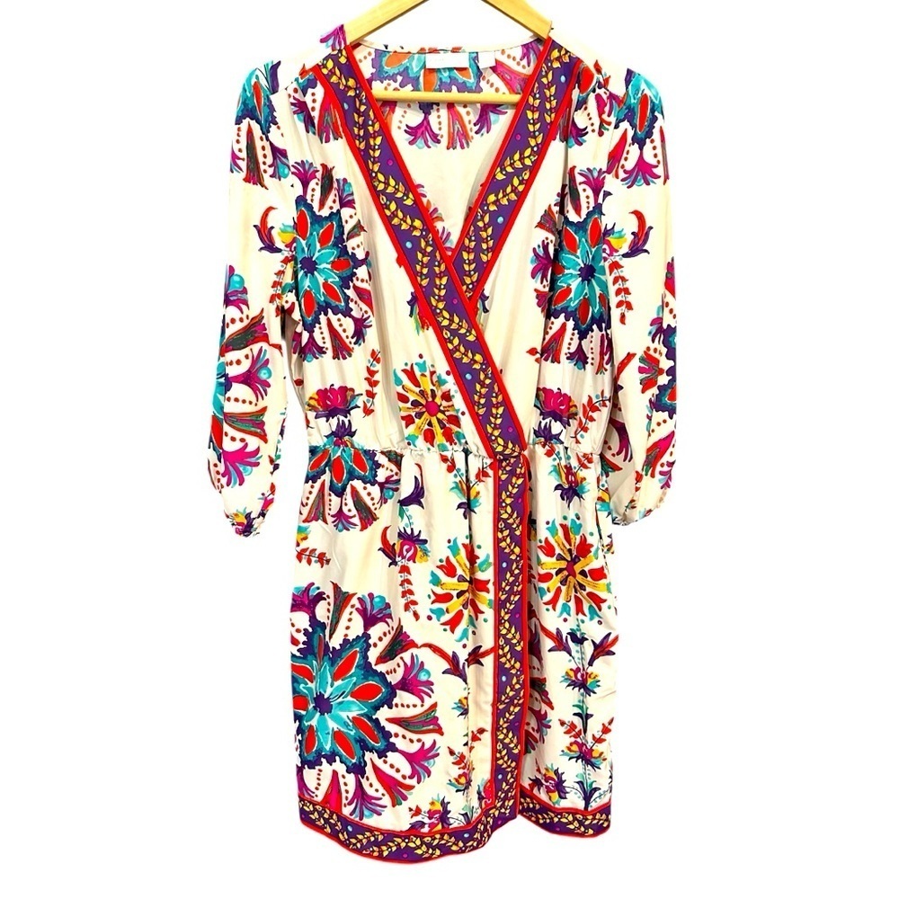 New York and Co Faux wrap dress floral, boho  print Farm Rio look alike Size L